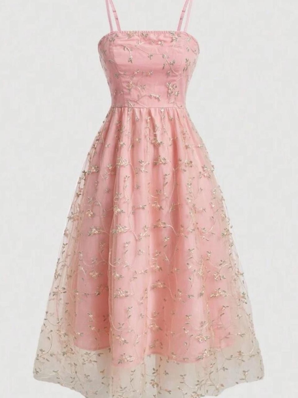 Pink Embroidered Tulle Midi Dress